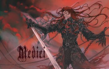 1boy ajsaart armor belt breastplate chain character_name claws cowboy_shot facial_mark floating_hair forehead_mark grin highres holding holding_sword holding_weapon long_hair looking_to_the_side lord_of_the_mysteries male_focus medici_(lord_of_the_mysteries) outstretched_hand red_eyes red_hair shaped_cloud shoulder_armor smile sword very_long_hair weapon wind