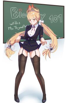 1girl alice_thymefield alternate_costume animal_ears black_jacket black_panties black_shoes black_skirt blazer blonde_hair blush bow breasts brown_thighhighs chalk chalkboard closed_mouth clothes_lift commentary english_commentary full_body garter_straps gluteal_fold hair_bow hair_ornament heterochromia highres jacket lifting_own_clothes long_hair looking_at_viewer low_twintails medium_breasts neck_ribbon panties red_eyes ribbon shadow shirt shoes simple_background skirt skirt_lift solo sphere_hair_ornament tharacu thighhighs twintails twitter_username underwear white_background white_shirt yellow_eyes zenless_zone_zero