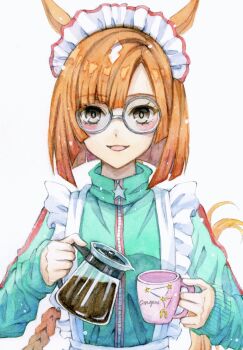 1girl absurdres alternate_costume animal_ears apron blush coffee coffee_pot cup enmaided glasses highres holding holding_coffee_pot holding_cup horse_ears horse_girl horse_tail ikuno_dictus_(umamusume) jersey_maid looking_at_viewer maid maid_apron maid_headdress mug orange_hair painting_(medium) short_hair simple_background smile solo tail traditional_media umamusume unconventional_maid watercolor_(medium) white_background yuika_b1ue