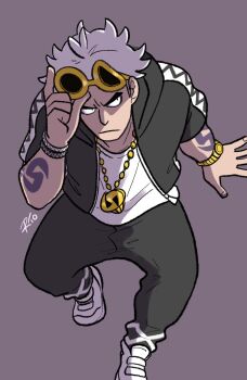Rule 34 | 1boy, arm tattoo, arm up, black pants, bracelet, closed mouth, commentary request, eyewear on head, frown, guzma (pokemon), highres, hood, hood down, hooded jacket, jacket, jewelry, korean commentary, male focus, nintendo, open clothes, open jacket, pants, pokemon, pokemon sm, riodrawsstuff, shoes, simple background, sitting, solo, sunglasses, tattoo, thick eyebrows, v-shaped eyebrows, watch, white hair, white shoes, wristwatch, yellow-framed eyewear