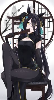 1girl absurdres ahoge animal_ears black_gloves black_hair black_leggings black_pantyhose breasts chair china_dress chinese_clothes closed_mouth collarbone commentary_request double_bun dress earrings folded_fan folding_fan frown gloves hair_between_eyes hair_bun hair_ornament hand_fan high_heels highres horse_ears horse_girl horse_tail ibuki_grunt jewelry leggings long_bangs long_hair long_hair_between_eyes looking_at_viewer manhattan_cafe_(umamusume) medium_breasts multicolored_hair on_chair pantyhose single_earring sitting small_breasts solo tail thighs umamusume very_long_hair white_gloves white_hair yellow_eyes