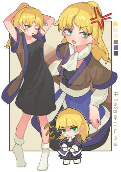 1girl absurdres anger_vein bags_under_eyes black_dress blonde_hair blush brown_shirt chibi chibi_inset color_guide commentary_request dated dress full_body green_eyes hair_tie_in_mouth high_ponytail highres long_hair looking_at_viewer mizuhashi_parsee mouth_hold multiple_views myakopu one_eye_closed open_clothes open_mouth open_shirt parsee_day pointy_ears ponytail sash scarf shirt short_sleeves socks touhou tying_hair v-shaped_eyebrows white_sash white_scarf white_socks