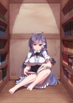 1girl ahoge barefoot black_hair black_skirt blunt_bangs blunt_ends book bookshelf breasts center_frills collared_shirt commentary convenient_leg feet flower frilled_skirt frilled_sleeves frills full_body hair_flower hair_ornament hair_ribbon high-waist_skirt highres himawari_no_kyoukai_to_nagai_natsuyasumi hime_cut huge_ahoge indoors large_breasts library long_hair looking_down on_floor open_book puffy_short_sleeves puffy_sleeves purple_flower purple_rose reading ribbon ririi_(ai-my_talikng) rose sagitsuki_ruka shirt short_sleeves sidelocks sitting skirt solo straight_hair toenails toes tress_ribbon upskirt very_long_hair white_ribbon white_shirt wooden_floor yokozuwari