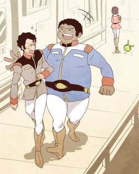 Rule 34 | 1girl, 2boys, bright noa, cho (taronana), dark skin, gundam, haro, laughing, military, military uniform, mirai yashima, mobile suit gundam, multiple boys, ryu jose