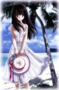 1girl bad_id bare_arms beach black_eyes black_hair blue_sky boater_hat closed_mouth dress feet_out_of_frame hat hat_ribbon holding holding_unworn_clothes holding_unworn_hat long_hair looking_at_viewer original outdoors palm_tree red_ribbon ribbon sky smile solo standing sundress tree unworn_hat unworn_headwear white_dress white_hat woody-rinn