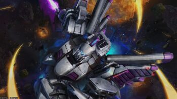absurdres battle blue_visor cable copyright_notice crossbone_vanguard debris energy energy_sword explosion gundam gundam_battle_operation_2 gundam_f91 highres machinery mecha mecha_focus mobile_suit no_humans painting_(medium) realistic robot scan science_fiction space sunrise_(company) sword tenjin_hidetaka traditional_media vigna_ghina weapon