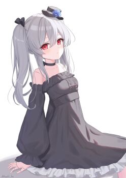 1girl artist_name black_dress bow bowler_hat bowtie doll_joints dress hat highres joints mini_hat mizuhi_kou orchis original puppet_strings red_eyes shadowverse shadowverse:_worlds_beyond stuffed_animal stuffed_cat stuffed_toy top_hat twintails upper_body white_hair