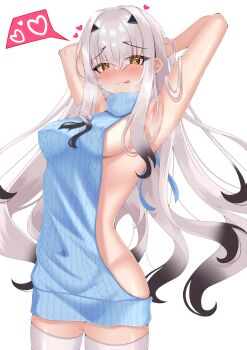 1girl absurdres armpits arms_behind_head arms_up backless_outfit bare_shoulders blue_sweater blush breasts fate/grand_order fate_(series) forked_eyebrows highres licking_lips long_hair looking_at_viewer melusine_(fate) raji_(largesaint2210) sideboob sidelocks small_breasts smile solo sweater thighhighs thighs tongue tongue_out turtleneck turtleneck_sweater virgin_killer_sweater white_hair white_thighhighs yellow_eyes