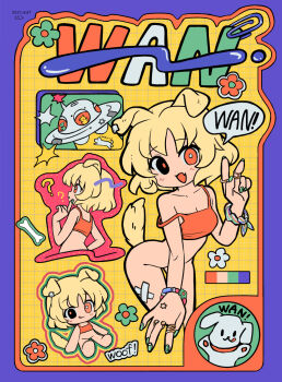 1girl animal_ears blonde_hair chibi commentary crop_top dog_ears fang heterochromia highres looking_at_viewer multiple_views no_panties no_pants orange_shirt original ramudia_(lamyun) reference_sheet shirt short_hair skin_fang solo standing untranslatable_commentary v yellow_background
