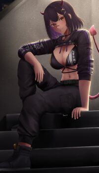 Rule 34 | 1girl, absurdres, bandaid, bandaid on face, bandaid on nose, black bra, black hair, black pants, bra, breasts, cleavage, colored inner hair, commentary, cropped sweater, demon girl, demon horns, eko.art, english commentary, hair ornament, highres, horns, indie virtual youtuber, large breasts, looking at viewer, multicolored hair, navel, pants, purple hair, purple horns, rainhoe, sitting, stairs, sweater, tail, underwear, virtual youtuber, x hair ornament, yellow eyes