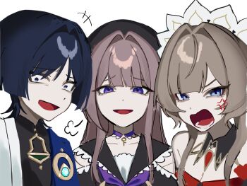 +++ 1boy 2girls anemo_symbol_(genshin_impact) anger_vein angry armpit_crease bare_shoulders beret black_bodysuit black_collar black_hair black_hat black_sleeves blue_cape blue_eyes blue_gemstone blunt_bangs blunt_ends bodysuit brooch brown_hair cape choker collar collarbone detached_collar detached_sleeves dress eyelashes eyeliner eyeshadow frilled_choker frilled_collar frills frown gem genshin_impact gold grey_eyes hair_intakes hat herta_(honkai:_star_rail) herta_(puppet)_(honkai:_star_rail) highres honkai:_star_rail honkai_(series) in-franchise_crossover japanese_clothes jewelry key key_choker kimono kurokun1025 long_hair looking_at_viewer lower_teeth_only makeup mandarin_collar multiple_girls neckerchief open_mouth puff_of_air purple_choker purple_neckerchief red_eyeliner red_eyeshadow red_gemstone sandrone_(genshin_impact) scaramouche_(genshin_impact) sidelocks sketch smirk smug strapless strapless_dress swept_bangs teeth tongue tsurime wanderer_(genshin_impact) white_background white_headdress white_kimono wispy_bangs