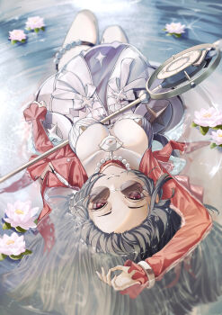 1girl absurdres arm_up astra_yao black_hair breasts cleavage closed_mouth collarbone commentary_request dress flower highres in_water jewelry knee_up large_breasts leom lily_pad long_hair looking_at_viewer looking_over_eyewear lying microphone necklace on_back pearl_necklace pink_flower red_eyes red_shrug round_eyewear shrug_(clothing) smile solo strapless strapless_dress sunglasses thigh_beads upside-down water wet wet_clothes wet_hair white_dress zenless_zone_zero