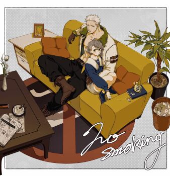 1boy 1girl abs absurdres alarm_clock antenna_hair ashtray asymmetrical_bangs belt black_pants black_socks blue_shirt blush book boots brown_belt brown_boots brown_gloves cigar clock coffee_table collarbone commentary_request couch cushion facial_hair figure_four_sitting flower fold-over_boots folded_ponytail fur-trimmed_jacket fur_trim gloves goatee_stubble grey_eyes grey_hair grey_skirt hair_between_eyes hand_around_waist highres jacket kabane_(rjev8385) lighter long_sleeves looking_at_another looking_at_viewer muscular muscular_male newspaper no_shirt no_smoking oc_x_canon on_couch one_piece open_clothes open_jacket original pants parted_lips picture_frame plant potted_plant rug sailor_collar scar scar_on_face scar_on_forehead shirt short_hair sitting skirt smoker_(one_piece) socks stubble table trash_can tree vase white_flower white_hair white_jacket white_sailor_collar wooden_table