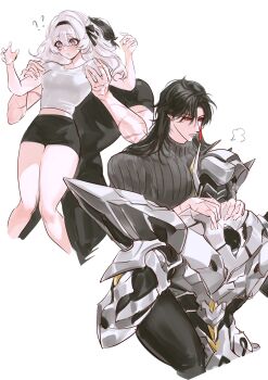 1boy 1girl ? ?? armor belly black_hairband black_ribbon black_shorts blade_(honkai:_star_rail) blush closed_mouth commentary_request firefly_(honkai:_star_rail) full_armor green_pupils hair_ornament hair_ribbon hairband helmet highres honkai:_star_rail honkai_(series) jam8366 lifting_person multicolored_eyes multiple_scars ribbon sam_(honkai:_star_rail) scar shirt shorts sweat t-shirt two-tone_eyes white_armor white_shirt