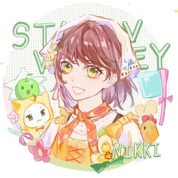 1girl animal apple bird border bow brown_hair cat chicken chiqihing cloak clothed_animal copyright_name country_lolita cropped_torso cross-laced_vest dot_nose ear_covers egg eyelashes floral_print flower food food-themed_creature fruit green_apple green_eyes grin hair_flower hair_ornament hairclip halftone halftone_background happy headscarf highres hood hood_up hooded_cloak infinity_nikki junimo lace lace-trimmed_shirt lace_trim lips lolita_fashion momo_(nikki) nikki_(series) orange_scarf orange_vest pink_lips round_border scarf scissors shirt short_hair smile stardew_valley stardew_valley_encounter_(infinity_nikki) striped_clothes striped_scarf upper_body vest white_background white_border white_cat white_headscarf white_shirt yellow_bow yellow_cloak yellow_flower