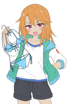 1girl bikini clothes_hanger commentary_request hand_in_pocket highres holding holding_clothes_hanger idolmaster idolmaster_cinderella_girls jacket loli looking_at_viewer side-tie_bikini_bottom solo swimsuit takku unworn_bikini unworn_bikini_bottom unworn_bikini_top