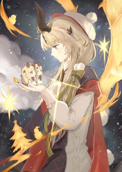 Rule 34 | 1girl, absurdres, arknights, black eyes, blonde hair, bow, brown horns, cable knit, cape, character doll, chinese commentary, christmas, closed mouth, commentary request, doll, fire, from side, green bow, green ribbon, hair bow, hat, highres, holding, horns, long hair, long sleeves, necrass (arknights), official alternate costume, profile, qier7439, red cape, reed (arknights), reed the flame shadow (arknights), reed the flame shadow (glowing flame in the night) (arknights), ribbon, smile, snowing, solo, star (symbol), white hat
