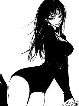 1girl breasts choker cowboy_shot dress greyscale highres large_breasts lips long_hair long_sleeves looking_at_viewer monochrome original parted_lips simple_background smile solo teeniika thighs white_background wispy_bangs