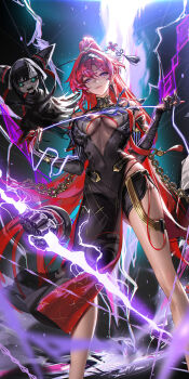 1girl bare_legs bare_shoulders black_bodysuit black_cloak black_eyes black_gloves black_hair black_hairband black_shorts blue_pupils bodysuit breast_curtains breasts chain circle_facial_mark cloak commentary covered_navel disembodied_hand doll earrings elbow_gloves electricity english_commentary feet_out_of_frame flower_hairpin gloves hair_between_eyes hair_intakes hair_ornament hairband hairpin high_ponytail highres holding holding_lightning_bolt holding_string jewelry large_breasts liang_xing long_hair looking_at_viewer mechanical_ears mechanical_hands patreon_username pelvic_curtain pointy_ears ponytail purple_eyes red_hair shorts side_slit signature single_earring single_mechanical_hand smile solo standing string tacet_mark_(wuthering_waves) tassel thighs very_long_hair wuthering_waves yinlin_(wuthering_waves) zapstring_(wuthering_waves)