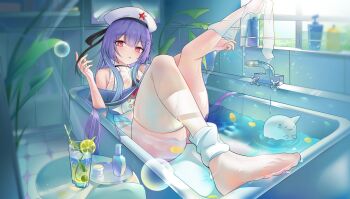 1girl absurdres bare_shoulders bathroom bathtub blue_hair breasts bubble cup dress feet food fruit full_body galo_(warship_girls_r) hat highres indoors leg_up legs lemon lemonade long_hair looking_at_viewer no_shoes nurse nurse_cap pantyhose parted_lips petals plant purple_hair red_eyes see-through_clothes single_thighhigh soles solo thighhighs thighs toes very_long_hair warship_girls_r water white_dress white_pantyhose white_thighhighs window xiaoan180 yingtan_(warship_girls_r)