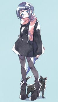 1girl arms_at_sides black_boots black_cat black_coat black_pantyhose blue_background blue_eyes blue_hair blush boots buttons cat closed_mouth coat dot_nose expressionless eyelashes full_body hair_ornament hairpin highres holding holding_umbrella idolmaster idolmaster_dearly_stars long_sleeves looking_at_viewer mizutani_eri nara1508 pantyhose red_scarf scarf sidelocks simple_background sleeves_past_wrists solo standing umbrella