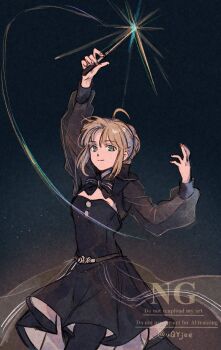 1girl ahoge arms_up artist_name artoria_pendragon_(fate) belt black_background black_belt black_bow black_bowtie black_pantyhose blonde_hair bow bowtie braid breasts brown_background buttons cleavage_cutout closed_mouth clothing_cutout commentary cowboy_shot dress fate/grand_order fate_(series) fingernails gradient_background green_eyes hair_between_eyes hair_bow hair_bun highres holding holding_wand long_sleeves looking_at_viewer machi_(uqyjee) magic mandarin_collar pantyhose puffy_long_sleeves puffy_sleeves saber_alter see-through_clothes short_hair sidelocks simple_background single_braid small_breasts smile solo standing star_(symbol) striped_bow striped_bowtie striped_clothes symbol-only_commentary two-sided_dress two-sided_fabric wand watermark white_dress