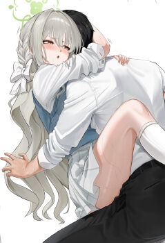 1boy 1girl black_hair black_pants blue_archive blue_sweater_vest blush bow braid green_hair green_halo hair_between_eyes hair_bow halo haoma highres hug kneehighs leg_lock long_hair miyo_(blue_archive) open_mouth pants shirt short_hair sidelocks skirt sleeves_rolled_up socks sweat sweater_vest white_bow white_shirt white_skirt white_socks yellow_eyes