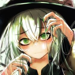 Rule 34 | 1girl, araya shiki, black hat, bow, green eyes, green hair, hat, hat bow, hat ribbon, highres, komeiji koishi, ribbon, shirt, solo, touhou