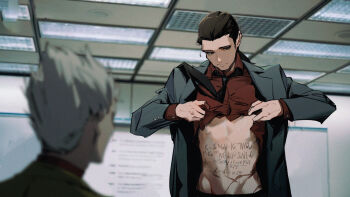 2boys absurdres black_eyes black_hair black_jacket black_necktie blazer body_writing clothes_lift commentary_request fluorescent_lamp formal_clothes gin_to_kin highres hirai_ginji indoors jacket lifting_own_clothes long_sleeves looking_at_another male_focus math morita_tetsuo multiple_boys navel necktie parody physics red_shirt shirt shirt_lift short_hair suit this_giant_beast_that_is_the_global_economy upper_body white_hair yi_guo_xigua_tong