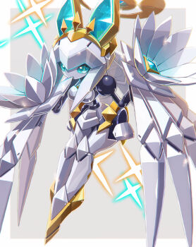 1girl blue_eyes blue_gemstone breasts expressionless floating full_body gem grey_background halo highres humanoid_robot joints leaning_forward looking_at_viewer mechanical_halo mechanical_wings medarot medium_breasts narrow_waist no_mouth no_nose original robot robot_girl robot_joints sideways_glance solo sparkle wide_hips winged_arms wings yoyoyoyoyo_(turuse)