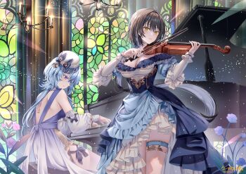 2girls alternate_costume antenna_hair bare_shoulders black_hair blue_dress blue_hair bow_(music) breasts cleavage closed_mouth commentary_request cowboy_shot detached_sleeves dress earrings female_rover_(wuthering_waves) flower frilled_dress frilled_sleeves frills gradient_clothes gradient_dress hat highres holding holding_instrument holding_violin instrument jewelry juliet_sleeves long_hair long_sleeves multicolored_hair multiple_girls music natsume_koji piano playing_instrument playing_piano puffy_sleeves purple_eyes rover_(wuthering_waves) shorekeeper_(wuthering_waves) sleeveless sleeveless_dress stained_glass standing stud_earrings thigh_strap violin white_dress white_hair white_hat wuthering_waves yellow_eyes