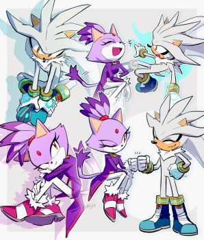 +++ 1boy 1girl animal_nose blaze_the_cat boots cat_girl coat commentary english_commentary fist_bump forehead_jewel furry furry_female furry_male gloves hedgehog_boy highres laughing miijiu multiple_views purple_coat purple_fur silver_the_hedgehog sitting sonic_(series) tailcoat topknot white_fur white_gloves