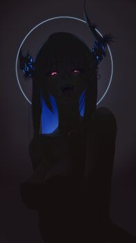 1girl asymmetrical_horns black_hair black_horns blue_hair blue_halo breasts colored_inner_hair halo highres hololive hololive_english horns large_breasts looking_at_viewer multicolored_hair nerissa_ravencroft open_mouth pink_eyes solo squaerart tongue tongue_out virtual_youtuber