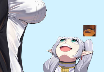 2girls :d absurdres bee_movie black_coat blue_sky breasts bulging_eyes clear_sky coat commentary dress earrings elf english_commentary fern_(sousou_no_frieren) frieren green_eyes grey_hair highres jewelry large_breasts long_pointy_ears multiple_girls open_clothes open_coat open_mouth parted_bangs pointy_ears reference_inset sky smile sousou_no_frieren teardrop_earrings tetsu_chokoreto twintails upward_angle_frieren_drawing white_dress