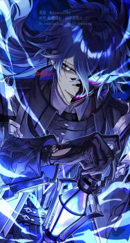 1boy absurdres antenna_hair artist_name belt black_belt black_capelet black_coat black_gloves blue_fire blue_hair capelet coat collared_capelet commentary_request crossed_bangs dated electricity energy fire flaming_eye flins_(genshin_impact) floating_hair genshin_impact gloves gradient_hair hair_between_eyes hand_up highres holding holding_lantern lantern long_hair long_sleeves looking_at_viewer male_focus multicolored_hair ojo_aa parted_lips purple_shirt shirt signature sleeve_cuffs smile solo twitter_username upper_body watermark yellow_eyes