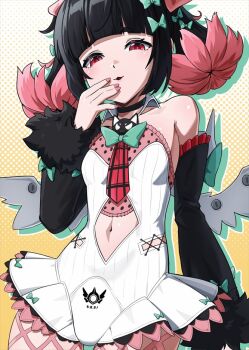 1girl bare_shoulders black_choker black_hair bow bowtie choker clothing_cutout colored_inner_hair commentary detached_sleeves dotted_background dress fur-trimmed_sleeves fur_trim gdog_0164 gradient_background green_bow green_bowtie hair_bow hand_up looking_at_viewer multicolored_hair multiple_hair_bows nangong_yu navel navel_cutout necktie open_mouth pink_nails red_eyes red_necktie short_twintails sleeve_bow solo twintails two-tone_background untranslatable_commentary white_background white_dress white_wings wings yellow_background zenless_zone_zero