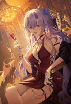 Rule 34 | 1girl, absurdres, alternate costume, arm strap, armpit crease, bad link, bare shoulders, blue eyes, blue flower, breasts, cantarella (wuthering waves), champagne flute, crossed legs, cup, dress, drinking glass, earrings, facial mark, flower, gloves, hair between eyes, hair flower, hair ornament, highres, holding, holding cup, indoors, jewelry, jw (wrdawrda), large breasts, long hair, looking at viewer, mark under eye, open mouth, people, purple hair, red dress, sideboob, sitting, solo focus, tacet mark (wuthering waves), very long hair, white gloves, wine glass, wuthering waves