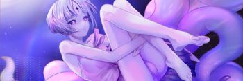 1other androgynous chise_(vtuber) chiseoyasumi colored_skin cropped facial_mark forehead_mark indie_virtual_youtuber light_purple_hair looking_at_viewer mole mole_under_mouth morse_code purple_eyes short_hair star_(sky) tentacles tentacle_hair underwear virtual_youtuber white_skin