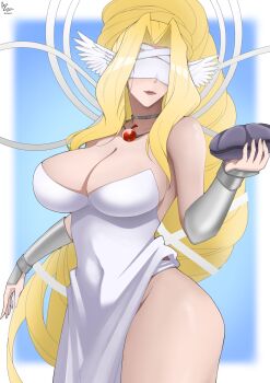 1girl absurdres bare_shoulders blindfold blonde_hair breasts choker clam cleavage closed_mouth collarbone commentary covered_eyes covered_navel cowboy_shot digimon digimon_(creature) dress drill_hair groin highres holding large_breasts long_hair panties parted_bangs pelvic_curtain razes scallop signature solo standing strapless strapless_dress underwear vambraces venusmon very_long_hair white_dress white_panties wing_ears wings
