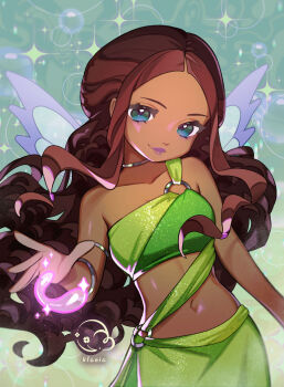 1girl aisha_(winx_club) armlet bandeau blue_eyes bracelet brown_hair commentary eyelashes fairy green_bandeau green_skirt half_updo highres jewelry klaeia long_hair looking_at_viewer magical_girl navel necklace o-ring purple_lips sidelocks skirt smile solo sparkle watermark wings winx_club
