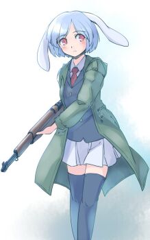 Rule 34 | 1girl, animal ears, black jacket, black thighhighs, blue hair, blush, buttons, collared shirt, commentary request, feet out of frame, floppy ears, green jacket, gun, holding, holding gun, holding weapon, jacket, light frown, necktie, one-hour drawing challenge, pleated skirt, rabbit ears, rabbit girl, rangycrow, red eyes, red necktie, reisen (touhou bougetsushou), rifle, shirt, sideways glance, skirt, solo, split mouth, thighhighs, touhou, weapon, white background, white shirt, white skirt