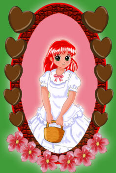 1girl basket blush bow bowtie breasts candy chocolate chocolate_heart dress flower food frilled_dress frills green_background green_eyes heart holding holding_basket long_hair looking_at_viewer neko_no_kimagure original picture_frame pink_background pink_bow pink_bowtie pink_flower puffy_sleeves red_hair short_sleeves small_breasts smile standing two-tone_background valentine white_dress
