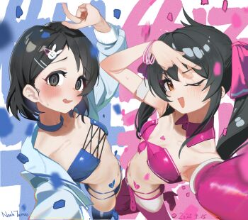 Rule 34 | 2girls, absurdres, arms up, belt, bikini, black eyes, black hair, blue bikini, blue choker, blue jacket, blue tube top, blush, bracelet, breasts, brown eyes, choker, dated, detached collar, embarrassed, foreshortening, from above, hair ornament, heart, heart tattoo, highres, idolmaster, idolmaster cinderella girls, idolmaster cinderella girls u149, jacket, jewelry, long hair, long sleeves, looking at viewer, matoba risa, multiple bracelets, multiple girls, navel, open clothes, open jacket, open mouth, outstretched arm, pink belt, pink bikini, pink tube top, rabbit hair ornament, sasaki chie, short hair, small breasts, smile, stomach tattoo, strapless, sweat, swimsuit, tattoo, thighs, tomber, tube top, twintails, v, w