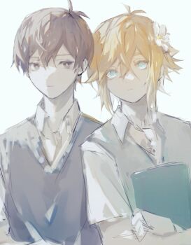 Rule 34 | 2boys, antenna hair, basil (faraway) (omori), basil (omori), black eyes, black hair, black sweater vest, blonde hair, blue eyes, bright pupils, closed mouth, collared shirt, commentary, double-parted bangs, english commentary, flower, green sweater vest, hair between eyes, hair flower, hair ornament, hashtag-only commentary, looking at viewer, male focus, multiple boys, omori, shirt, short hair, short sleeves, sidelocks, simple background, sunny (omori), sweater vest, tomomu 0, white background, white pupils, white shirt