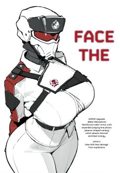 Rule 34 | 1girl, arms behind back, breasts, chest harness, commentary request, curvy, epaulettes, harness, helldiver (helldivers), helldivers (series), helmet, highres, huge breasts, jacket, pants, red visor, solo, virgin and neet, white helmet, white jacket, white pants