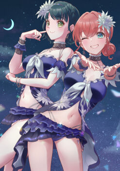 2girls ;d absurdres atarayo_hanabi bare_shoulders bikini blue_bikini braid breasts cerise_bouquet cleavage closed_mouth commentary contrapposto crescent detached_sleeves finger_to_cheek flower frilled_bikini frilled_sleeves frills grin hair_bun hair_flower hair_ornament highleg highleg_bikini highres hinoshita_kaho kobassy large_breasts link!_like!_love_live! looking_at_viewer lotus love_live! momose_ginko multiple_girls navel night night_sky one_eye_closed open_mouth outstretched_arms short_sleeves side_braid single_side_bun sky smile split_mouth star_(sky) starry_sky_background swimsuit very_low_bun white_flower