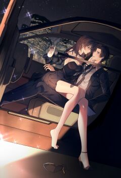 1boy 1girl absurdres ankle_strap artem_wing_(tears_of_themis) assertive_female bare_legs bare_shoulders black_choker black_dress black_hair black_jacket black_necktie black_pants black_shoes black_suit blue_eyes blush breasts brown_hair building car_interior car_seat chinese_commentary choker cleavage cocktail_dress collared_shirt couple curtained_hair detached_sleeves diagonal-striped_clothes diagonal-striped_necktie dress dutch_angle eye_contact feet_out_of_frame formal_clothes from_outside full_body green_eyes hair_between_eyes hand_on_another's_chin hetero high_heels highres jacket kocona large_breasts lipstick long_hair long_sleeves looking_at_another makeup necktie night open_clothes open_door open_jacket pants parted_lips profile pulling red_lips right_shoe_removed rosa_(tears_of_themis) seatbelt shirt shoes short_dress short_hair single_bare_foot single_shoe sitting sitting_on_lap sitting_on_person sky skyscraper star_(sky) starry_sky strapless strapless_dress striped_clothes suit suit_jacket sweatdrop tears_of_themis tie_clip unworn_shoe white_shirt