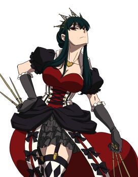 1girl alice&#039;s_adventures_in_wonderland black_hair breasts collar cosplay crown dress female_focus gloves hand_on_own_hip highres jewelry large_breasts long_dress looking_at_viewer necklace needle queen_of_hearts_(alice_in_wonderland) red_eyes solo spy_x_family thick_thighs thighhighs thighs weapon yor_briar