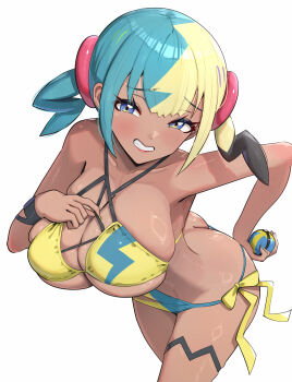 1girl absurdres adapted_costume aqua_bikini aqua_hair bikini black_hair blonde_hair blue_eyes blush breasts canari_(pokemon) cleavage commentary_request dark-skinned_female dark_skin gonzarez highres holding holding_poke_ball large_breasts looking_at_viewer multicolored_bikini multicolored_hair nintendo poke_ball pokemon pokemon_legends:_z-a side-tie_bikini_bottom simple_background solo swimsuit thighs twintails two-tone_bikini white_background yellow_bikini