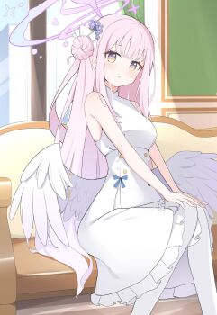 1girl absurdres bare_shoulders blue_archive blush commentary dress feathered_wings hair_bun halo highres long_hair looking_at_viewer low_wings mika_(blue_archive) pantyhose parted_lips pink_hair pink_halo single_side_bun sitting sleeveless sleeveless_dress solo very_long_hair white_dress white_pantyhose white_wings wings yellow_eyes yoi0341